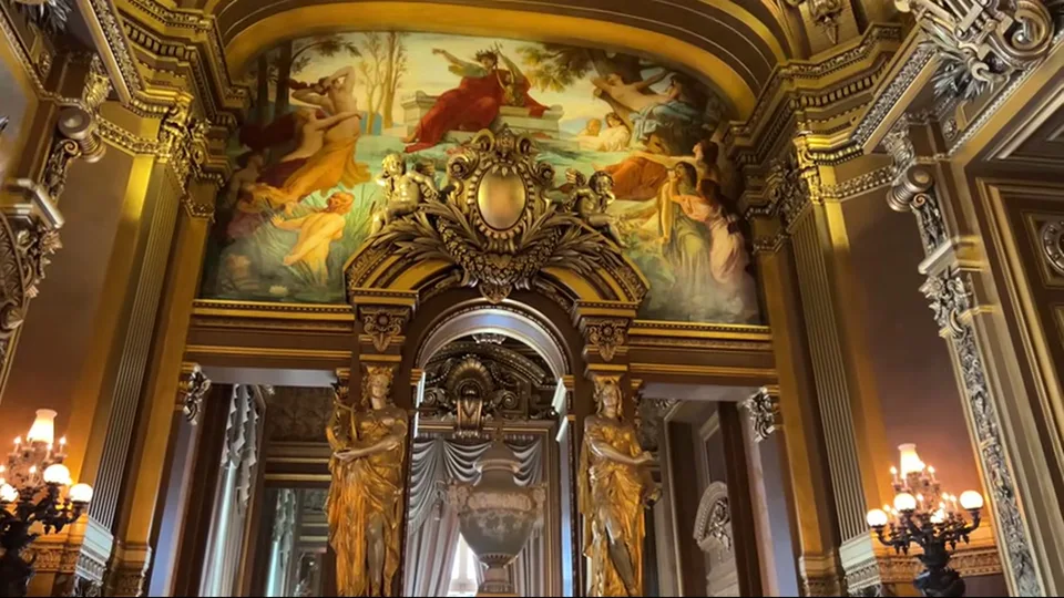 Chandelier beneath Chagall ceiling at Palais Garnier